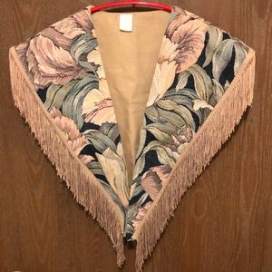 Vtg Tapestry Shawl/Cape Fringe Tulip Victorian Art To Wear Artsy USA